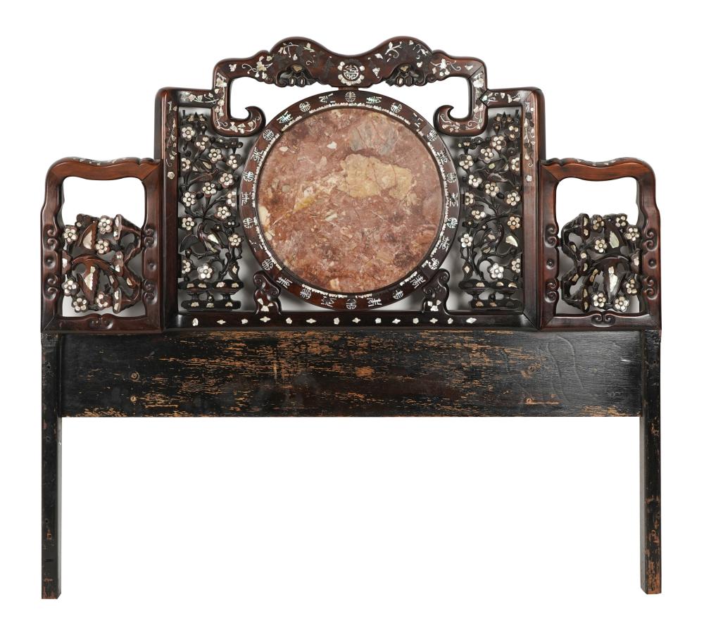 Appraisal: CHINESE CARVED HEADBOARDwith marble and mother of pearl inlay Provenance