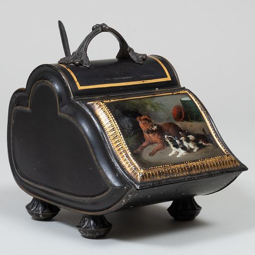 Appraisal: VICTORIAN POLYCHROME EBONIZED AND PARCEL-GILT TOLE COAL SHOD x x