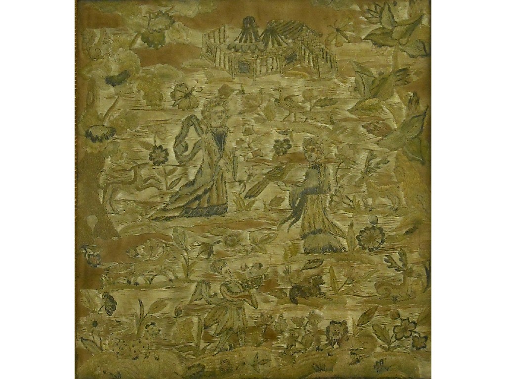 Appraisal: th century silkwork panel depicting two female figures within a