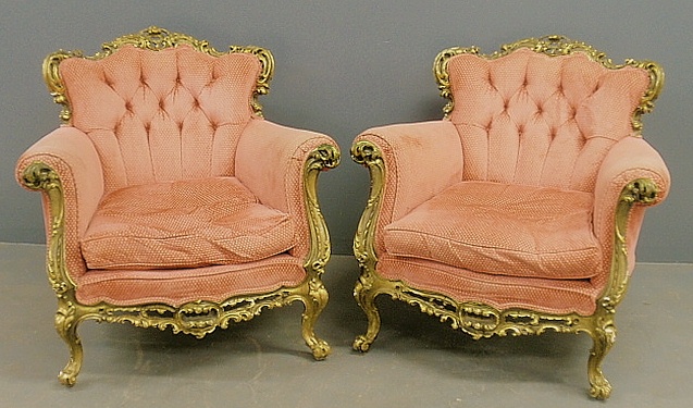 Appraisal: - Fine pair of French ornate carved gilt armchairs probably