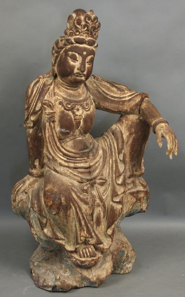 Appraisal: Old Chinese carved wood Buddhist figure h x w Traces