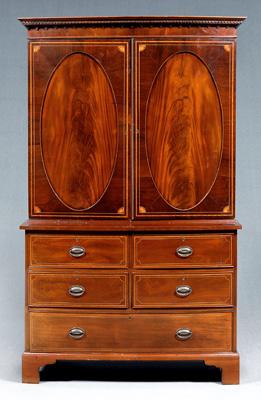 Appraisal: Hepplewhite style inlaid linen press mahogany two case construction with