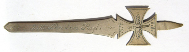 Appraisal: Military trench art paper knife inscribed ' - London Regiment'