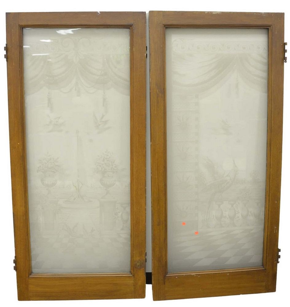 Appraisal: Set of Three Etched Glass Doors with oak frames height