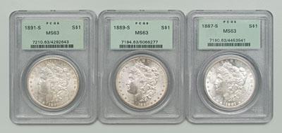 Appraisal: Three BU Morgan silver dollars -S scrapes on cheek and