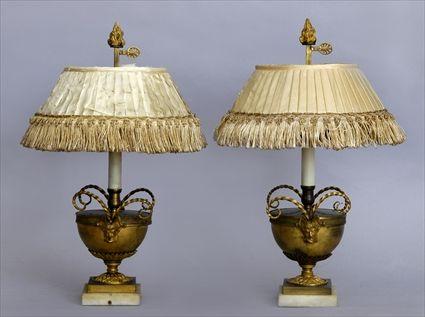 Appraisal: PAIR OF LOUIS XVI-STYLE URNS MOUNTED AS LAMPS Each hemispherical