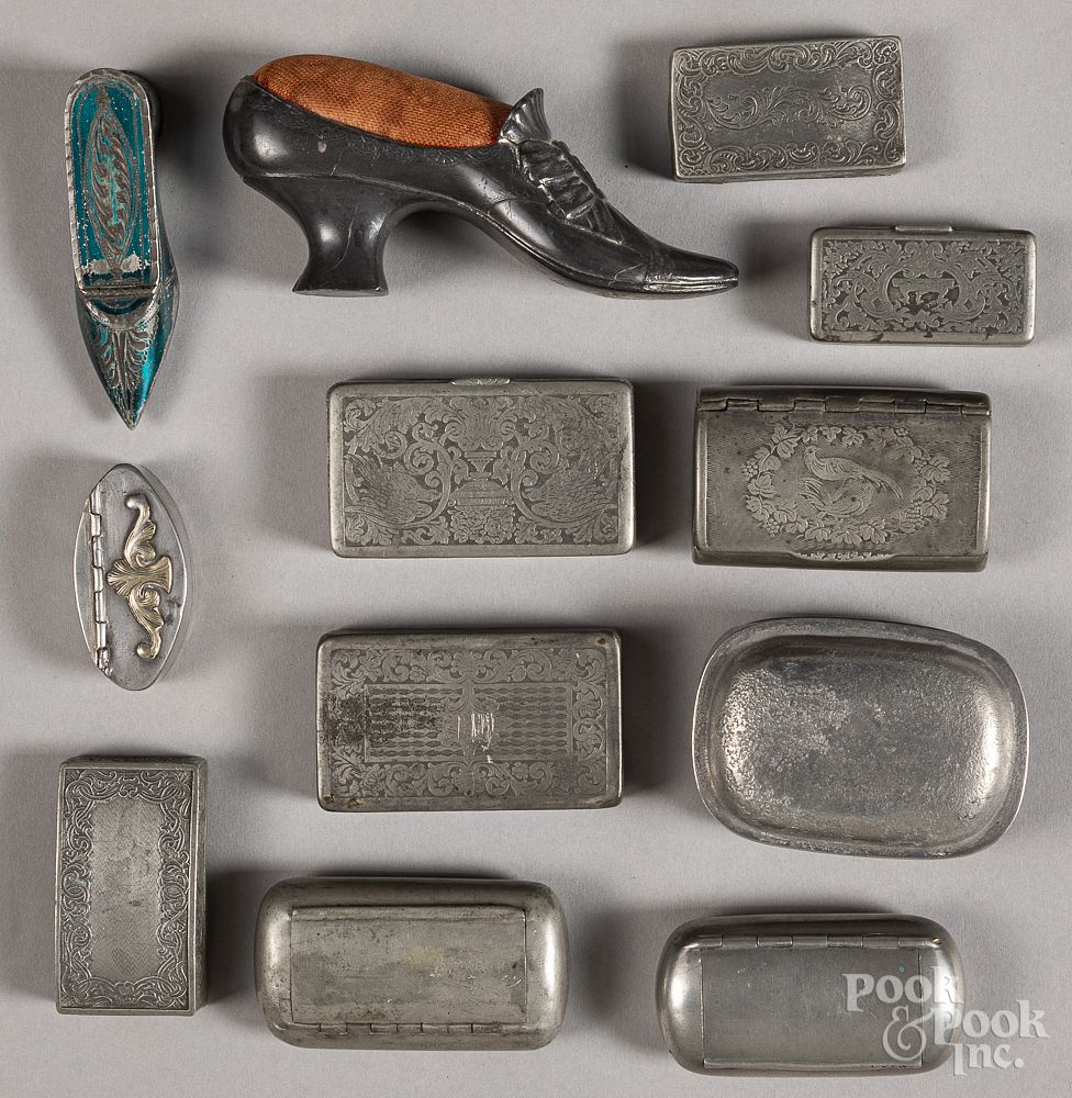 Appraisal: Collection of pewter snuff and patch boxes Collection of pewter