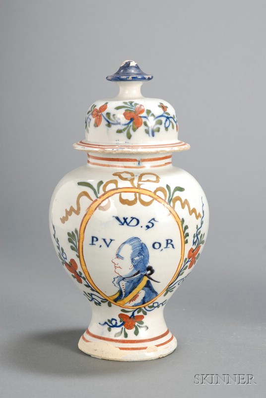 Appraisal: Dutch Delft Portrait Vase and Cover Holland th century polychrome