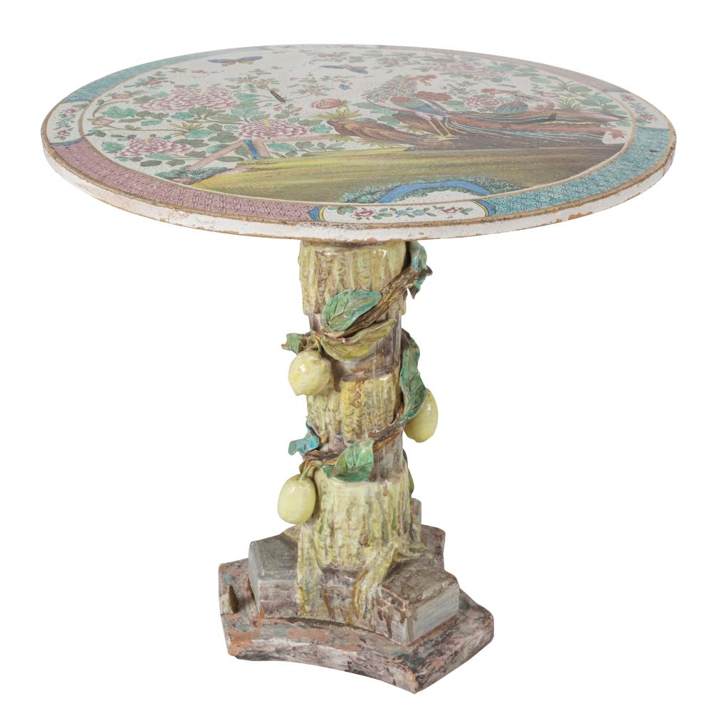 Appraisal: CHINOISERIE GLAZED CERAMIC SIDE TABLEthe round top decorated with a