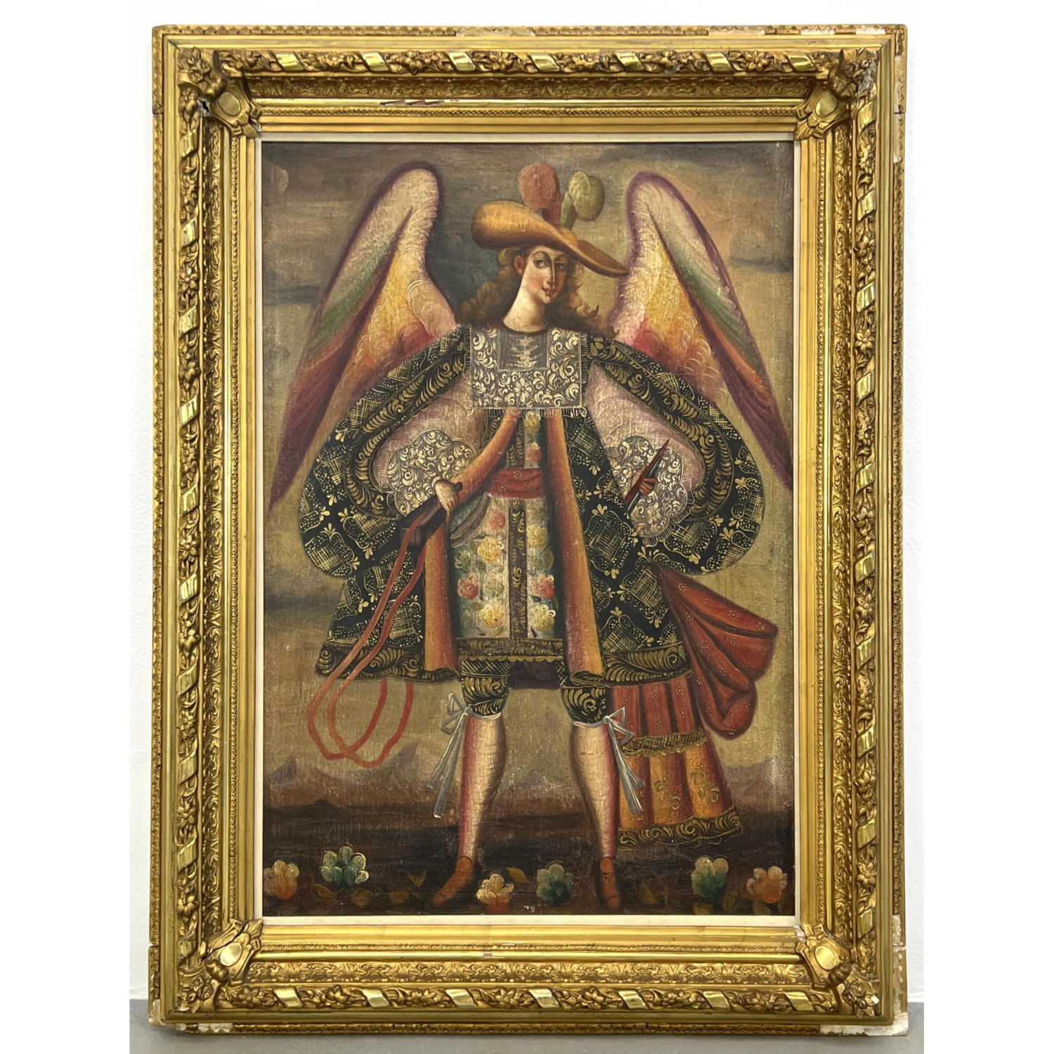 Appraisal: Angel Painting Richly costumed angel Ornate frame Dimensions H inches