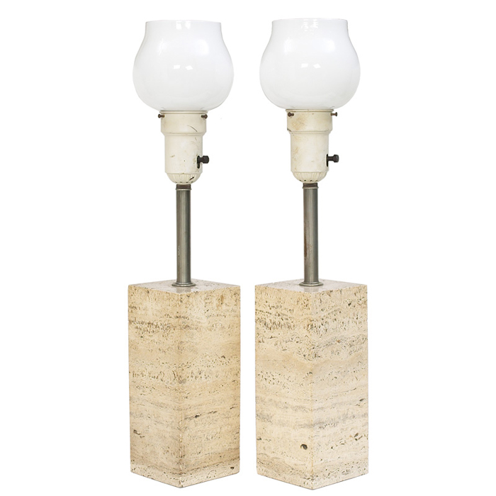 Appraisal: s style table lamps square travertine bases with brass-plated hardware