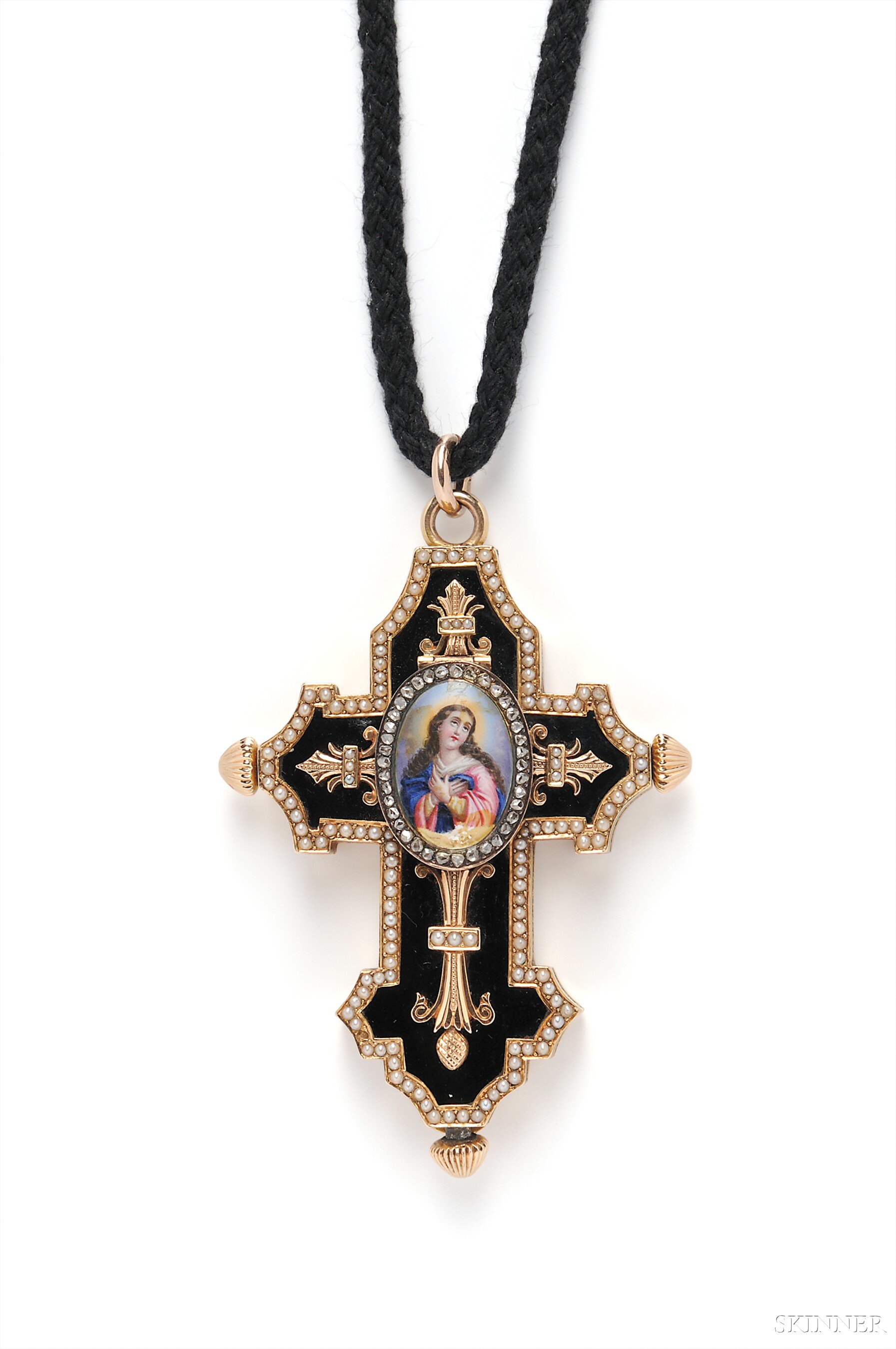 Appraisal: Antique kt Gold Enamel and Diamond Cross-form Pendant Watch the