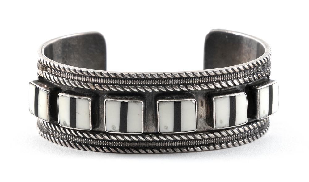 Appraisal: NAVAJO SILVER SHELL AND ONYX BRACELET MID- TH CENTURY APPROX