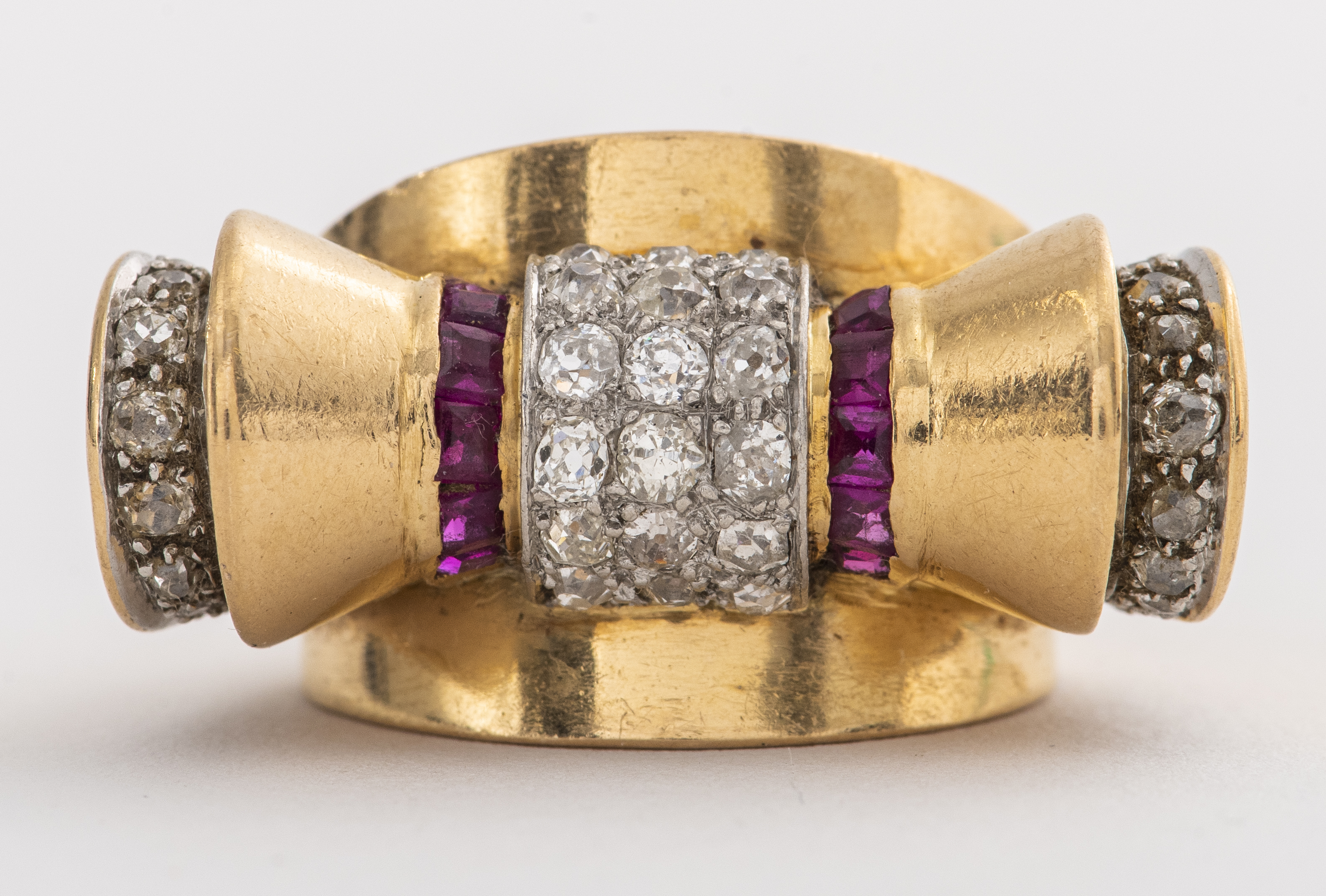 Appraisal: RETRO K YELLOW GOLD DIAMOND RUBY RING Retro K yellow