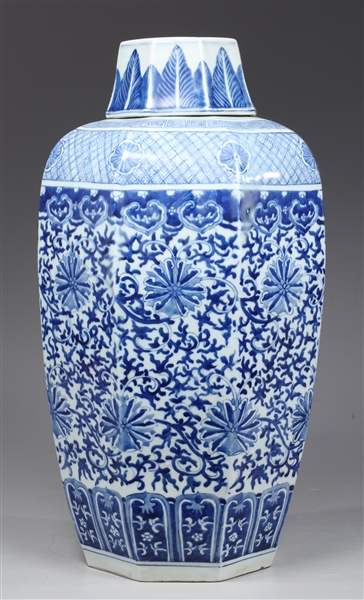 Appraisal: Large Chinese blue and white porcelain covered faceted vase the