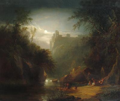 Appraisal: ATTRIBUTABLE TO EDWARD WILLIAMS Moonlit River Scene with Camp Fire