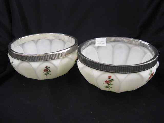 Appraisal: Pair of Victorian Art Glass Bowls floral onwhite satin silverplate