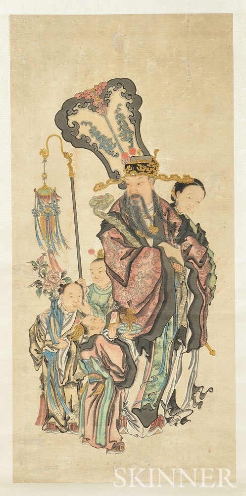 Appraisal: Hanging Scroll Depicting an Official China holding a scepter accompanied