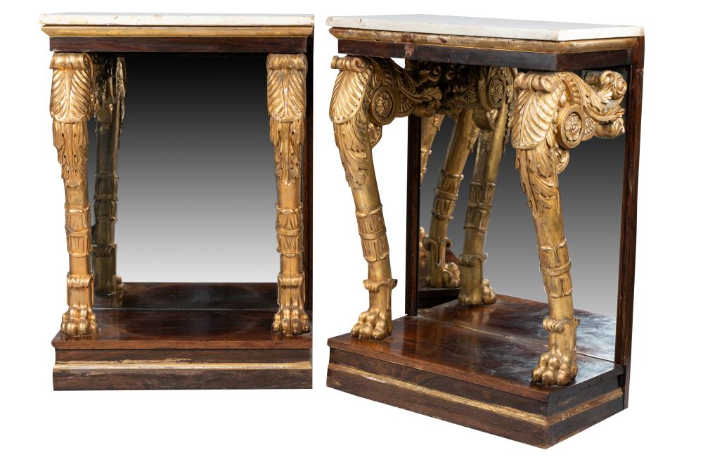 Appraisal: PAIR OF MAHOGANY GILTWOOD CONSOLESeach with marble top and mirrored-back