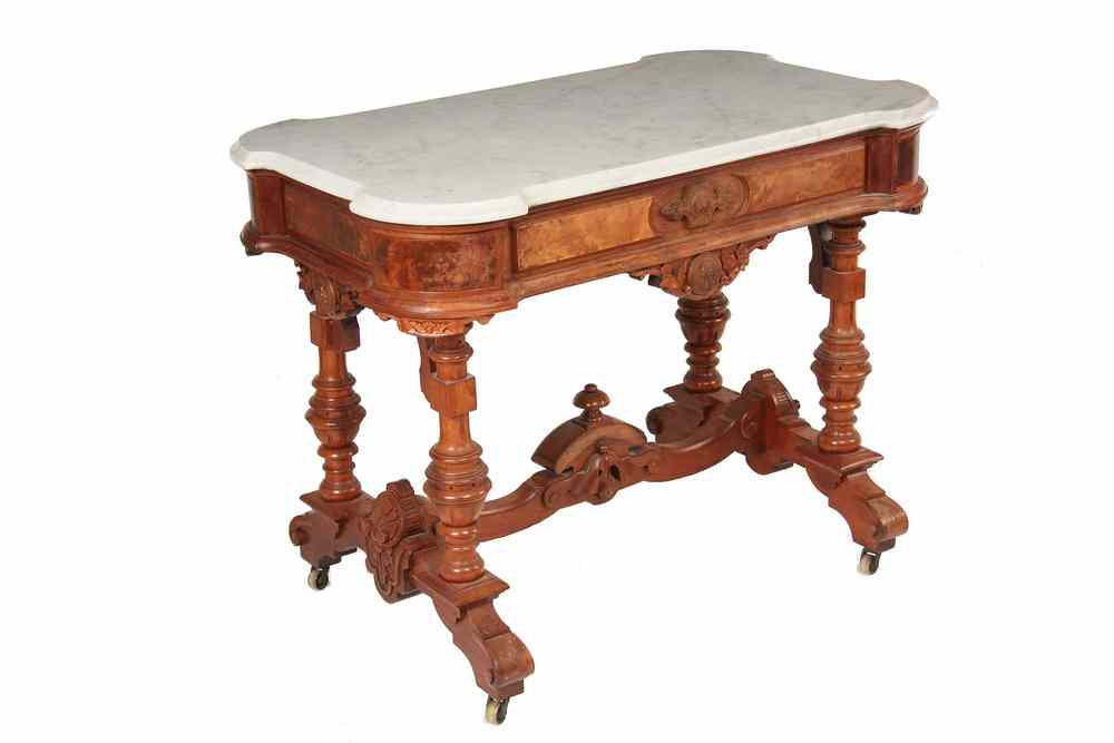 Appraisal: MARBLE-TOP VICTORIAN TABLE - Ornate Solid Mahogany Renaissance Revival Center