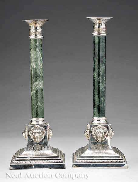 Appraisal: A Pair of Decorative Silverplate and Green Variegated Marble Candlesticks