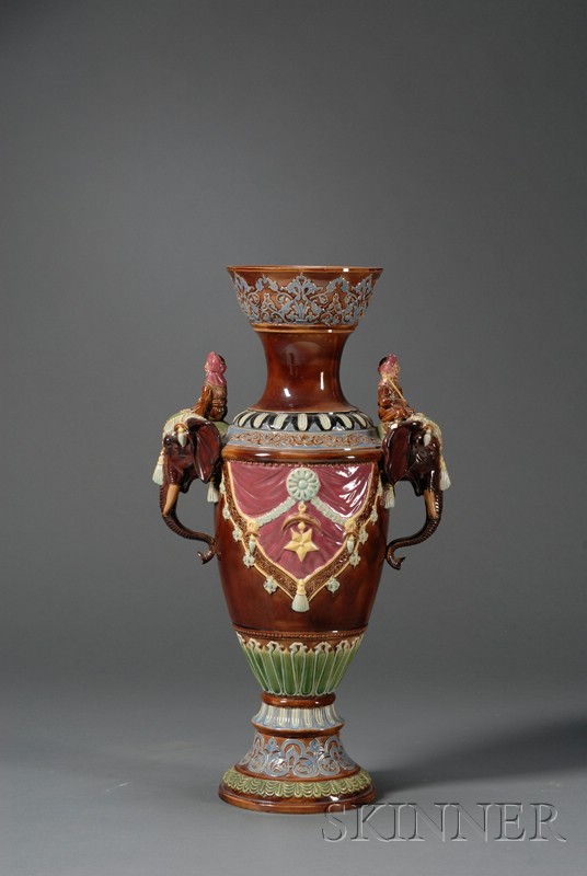 Appraisal: Tall German Majolica Vase late th century with brown ground