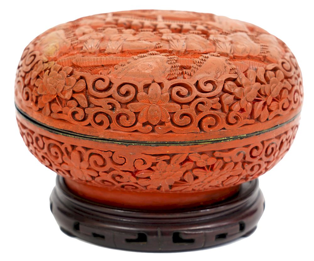 Appraisal: Cinnabar Hand Carved Lidded Box on Stand Hand carved round