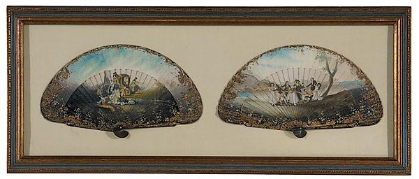 Appraisal: PAIR OF TH CENTURY SPANISH DECORATED FANS each with gilt-painted