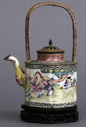 Appraisal: CANTON ENAMEL HEXAGONAL TEAPOT Painted with men gazing into a