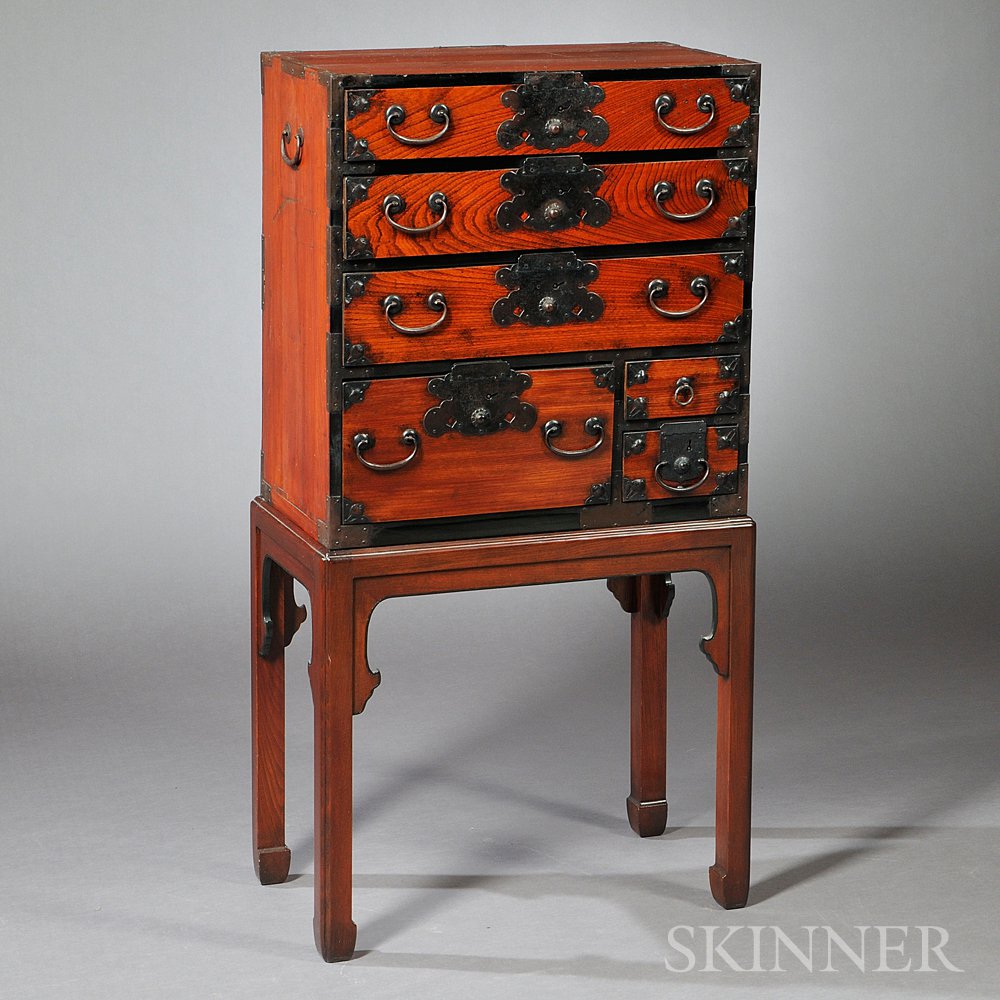 Appraisal: Small Tansu on Stand Japan th century zelkova six-drawer tansu