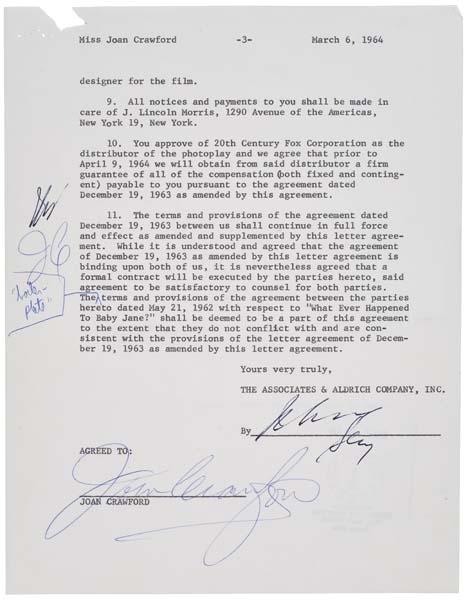 Appraisal: JOAN CRAWFORD Typed letter signed by Crawford amending the contract