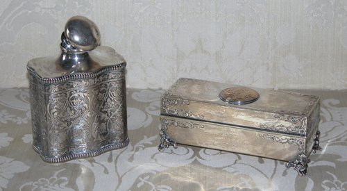 Appraisal: Title Sterling Silver Rectangular Box and Flask Medium sterling silver