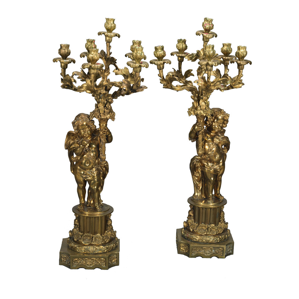 Appraisal: Large Pair of Napoleon III Gilt Bronze Figural Seven Branch