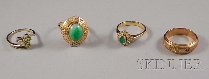 Appraisal: Four kt Gold Green Gemstone and Diamond Rings an emerald