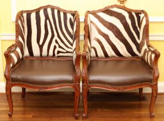 Appraisal: FRENCH CARVED WALNUT ARM CHAIRS PAIR FRENCH CARVED WALNUT ARM