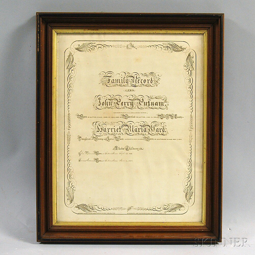 Appraisal: Framed Putnam-Ward Family Record Massachusetts mid- th century ht wd