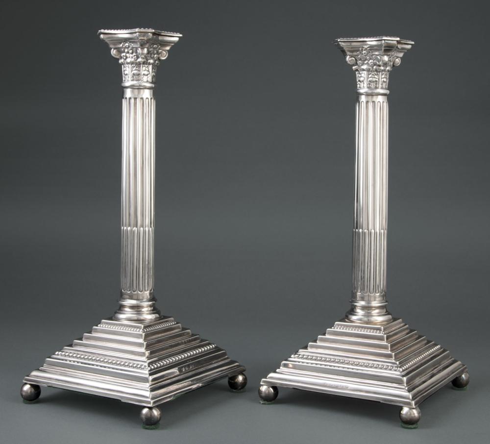 Appraisal: Pair of Antiques English Silverplate Corinthian Columnar Candlesticks removable bobeches