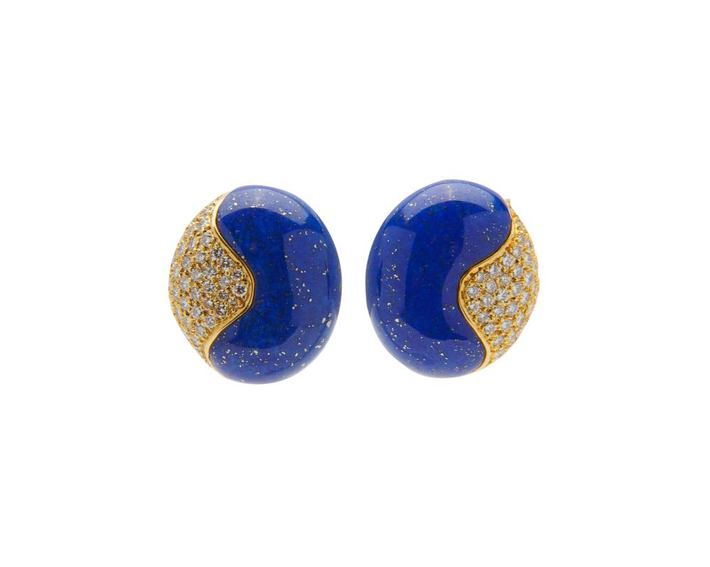 Appraisal: LA TRIOMPHE K Gold Lapis and Diamond Earrings the oval