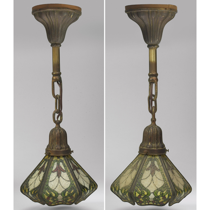 Appraisal: Arts and Crafts hanging fixtures pair six-sided shade with bent