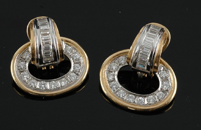 Appraisal: A pair of diamond earrings The two tone ct gold