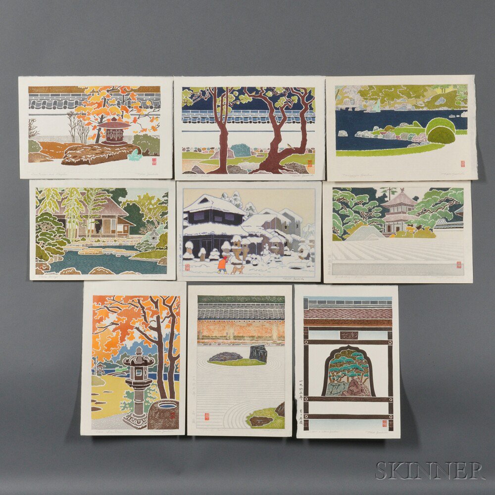 Appraisal: Toshi Yoshida - Nine Color White Line Woodblock Prints Japan