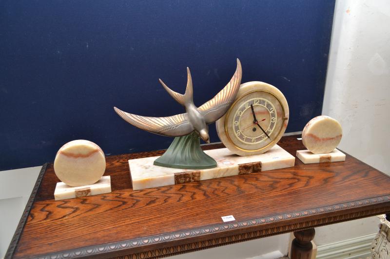 Appraisal: A FRENCH ART DECO CLOCK GARNITURE WITH BIRD MOTIF