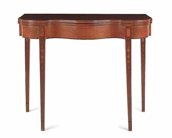 Appraisal: Philadelphia Federal mahogany serpentine front card table ca with curly