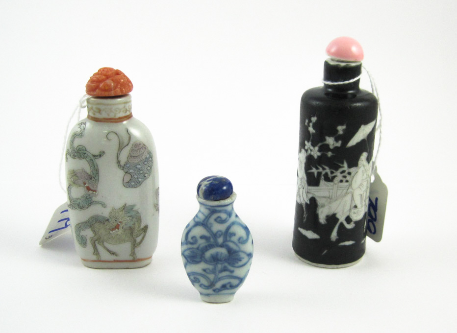 Appraisal: THREE CHINESE PORCELAIN SNUFF BOTTLES cylindrical form with rounded shoulders