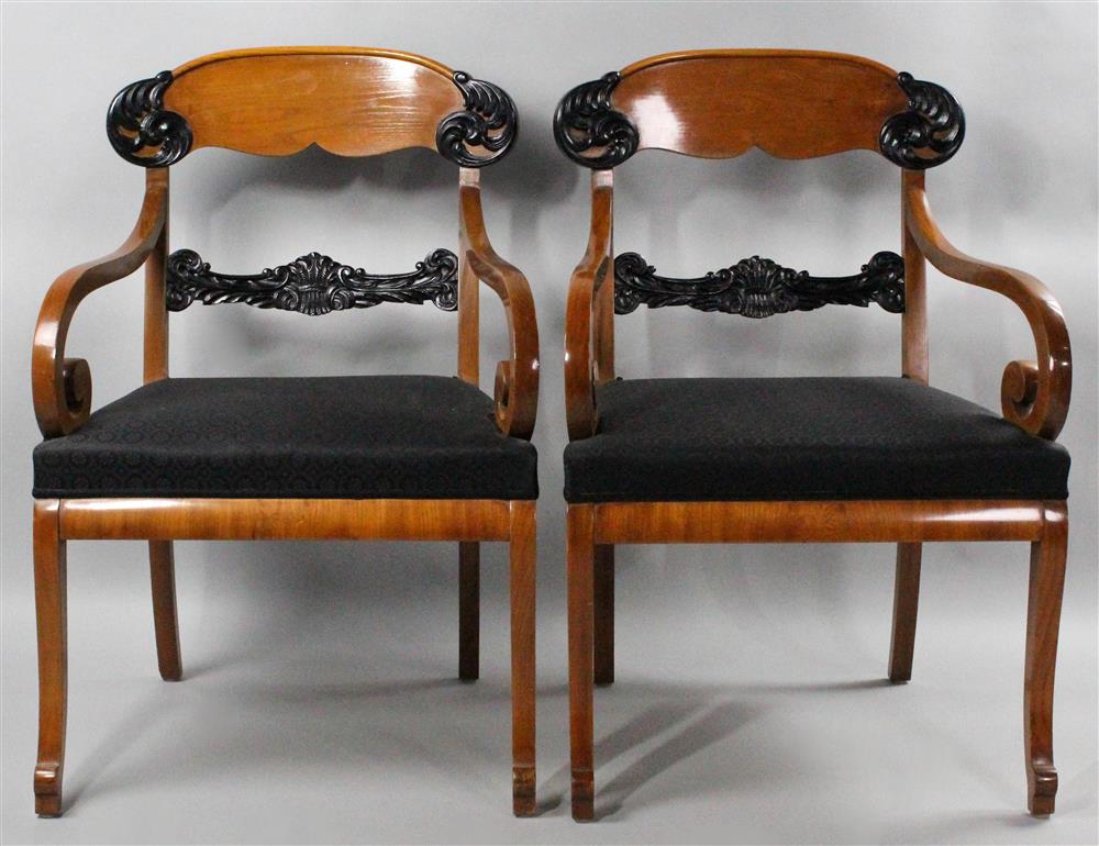 Appraisal: PAIR OF BIEDERMEIER PART EBONIZED FRUITWOOD ARM CHAIRS TH CENTURY