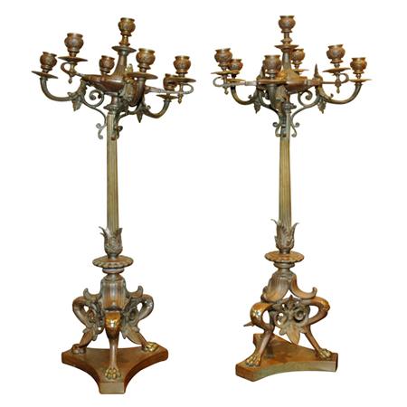 Appraisal: Pair of Neoclassical Style Gilt and Patinated-Bronze Seven-Light Candelabra Estimate