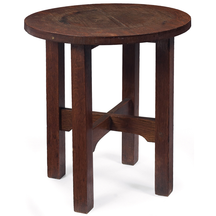 Appraisal: Gustav Stickley tabouret circular top over a notched cross-stretcher base