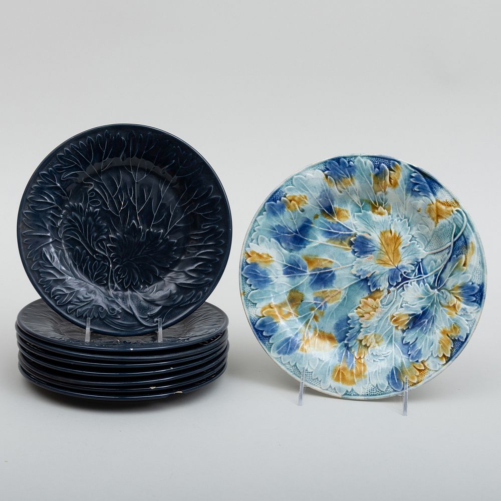 Appraisal: Set of Eight Blue Majolica Leaf Decorated Plates and a