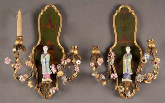 Appraisal: Pair of Chinoiserie style gilt-metal porcelain and paint decorated wood