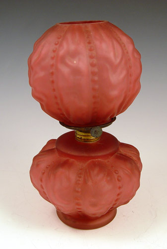 Appraisal: MINIATURE CRANBERRY SATIN GLASS OIL LAMP '' tall dia Matching